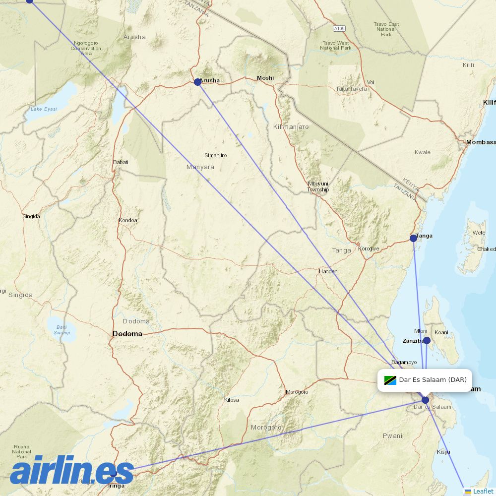 Auric Air from Dar Es Salaam destination map