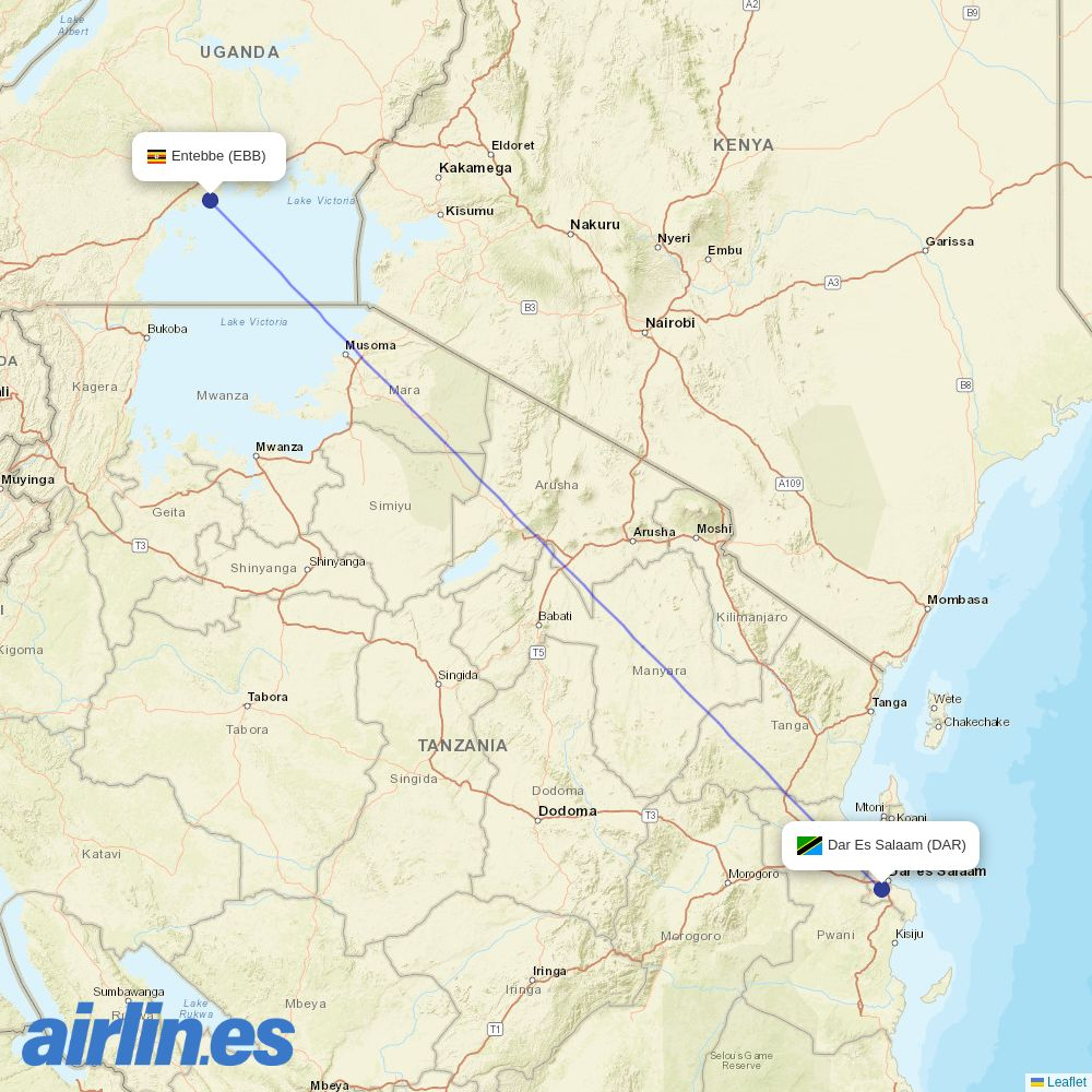 Uganda Airlines at DAR route map