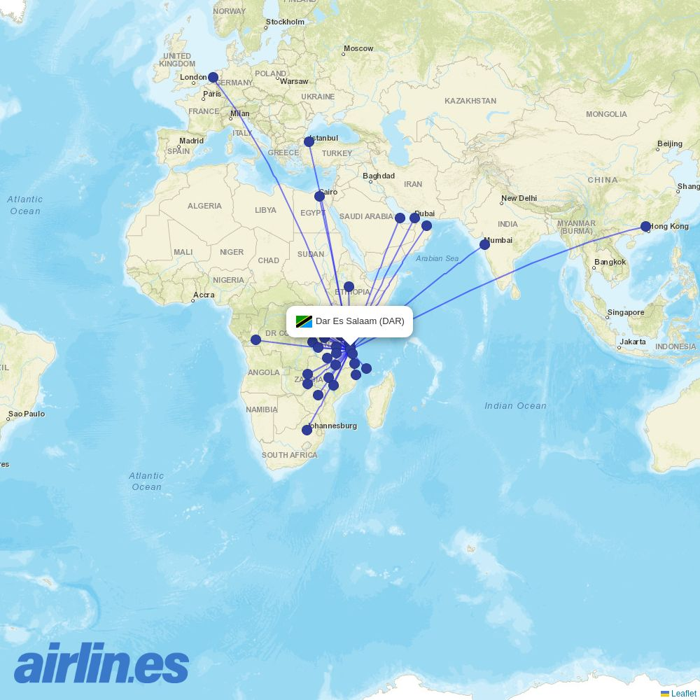Zambia Airways at DAR route map