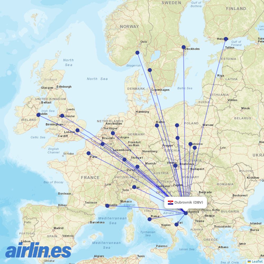 Ryanair from Dubrovnik Airport destination map