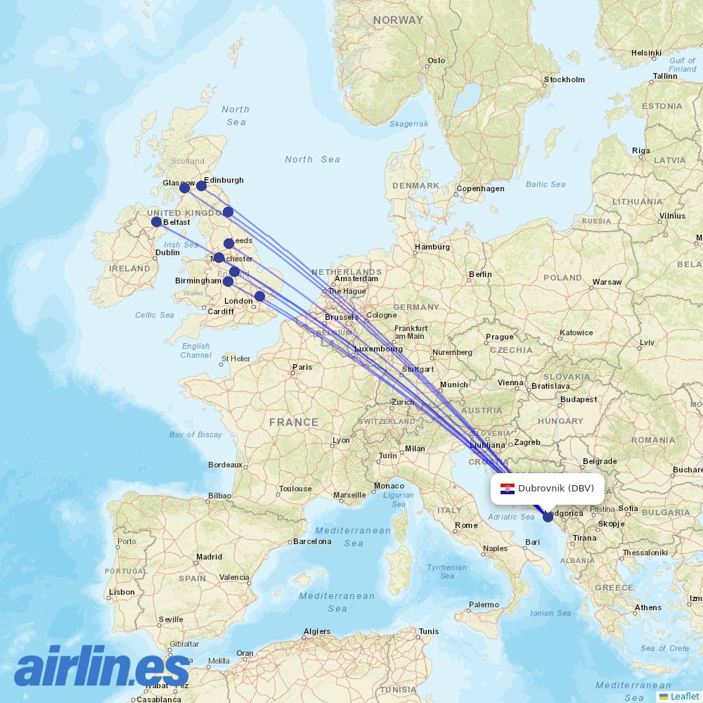 Jet2 from Dubrovnik Airport destination map