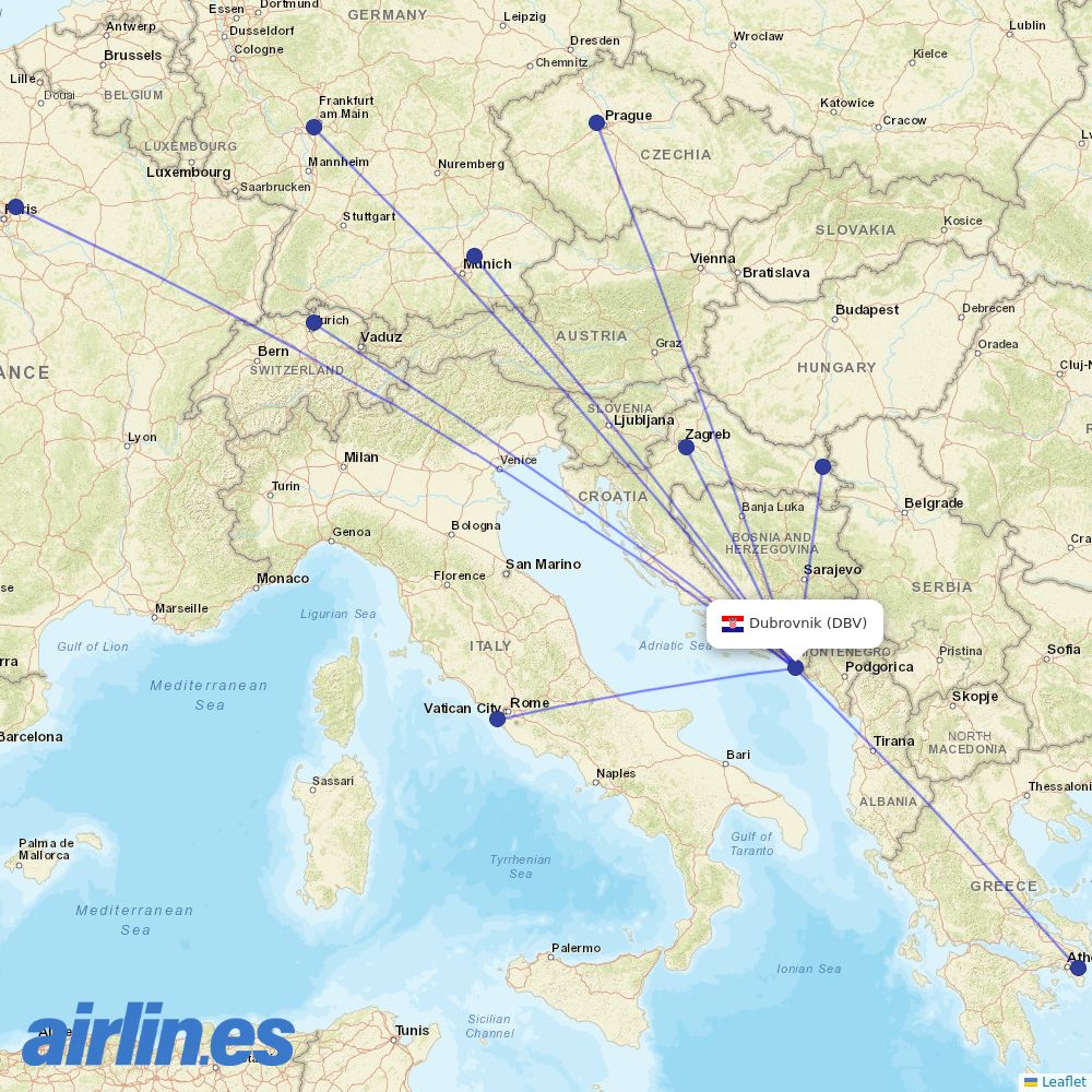 Croatia Airlines from Dubrovnik Airport destination map