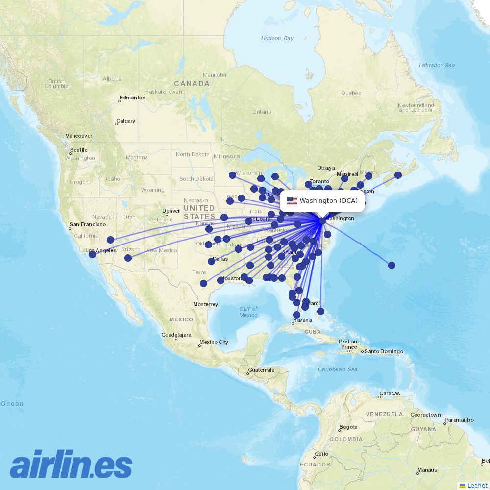 American Airlines at DCA route map