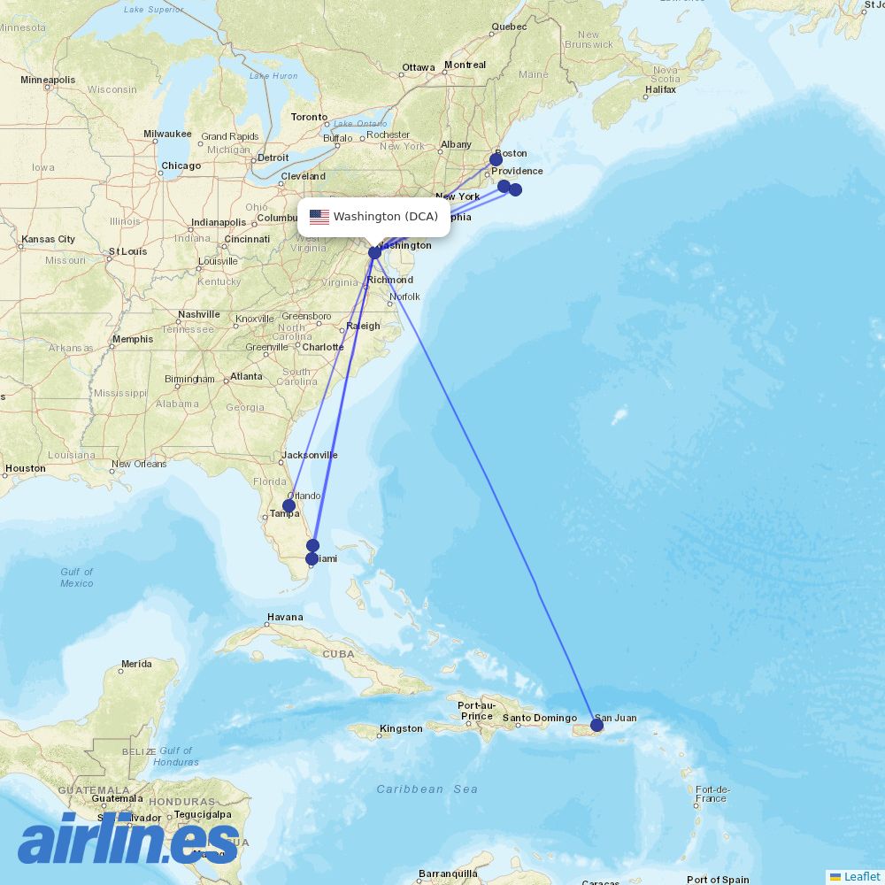JetBlue at DCA route map