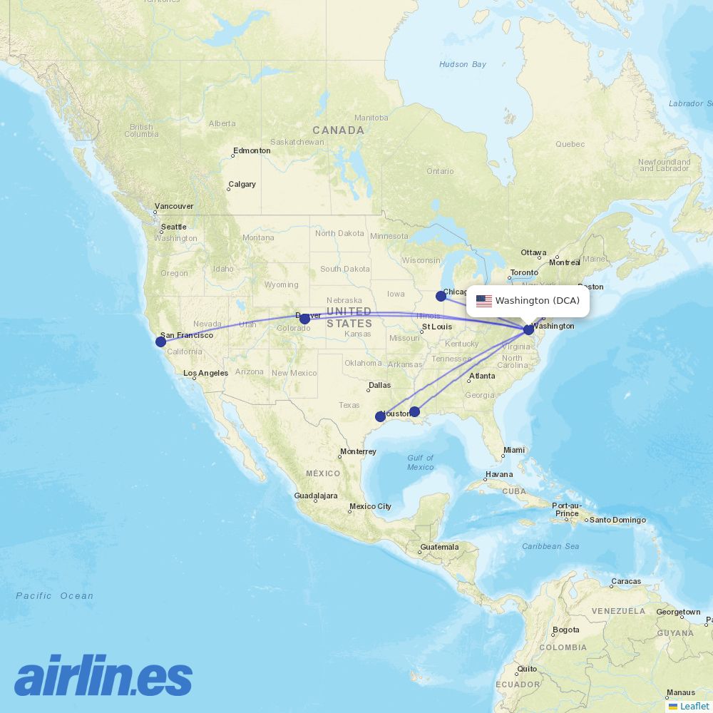 United Airlines from Ronald Reagan Washington National destination map