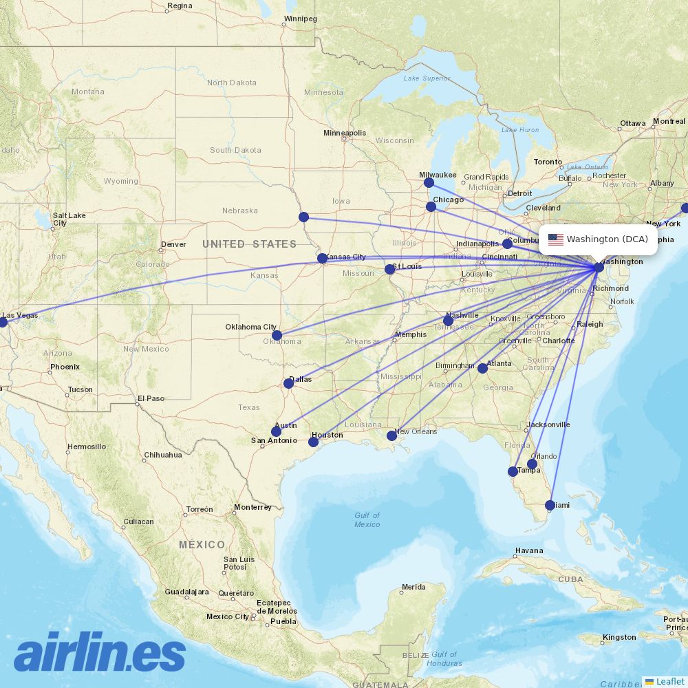 Southwest Airlines from Ronald Reagan Washington National destination map
