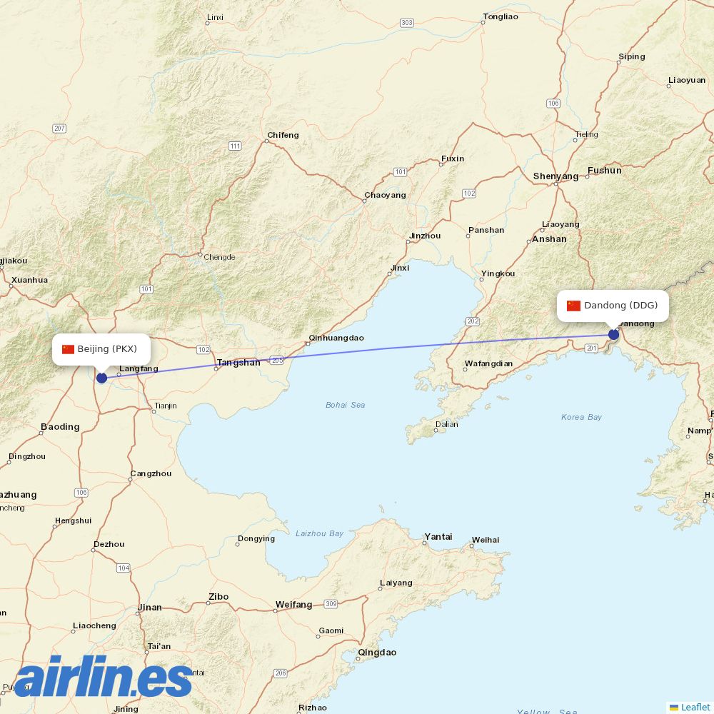 Air China from Dandong destination map