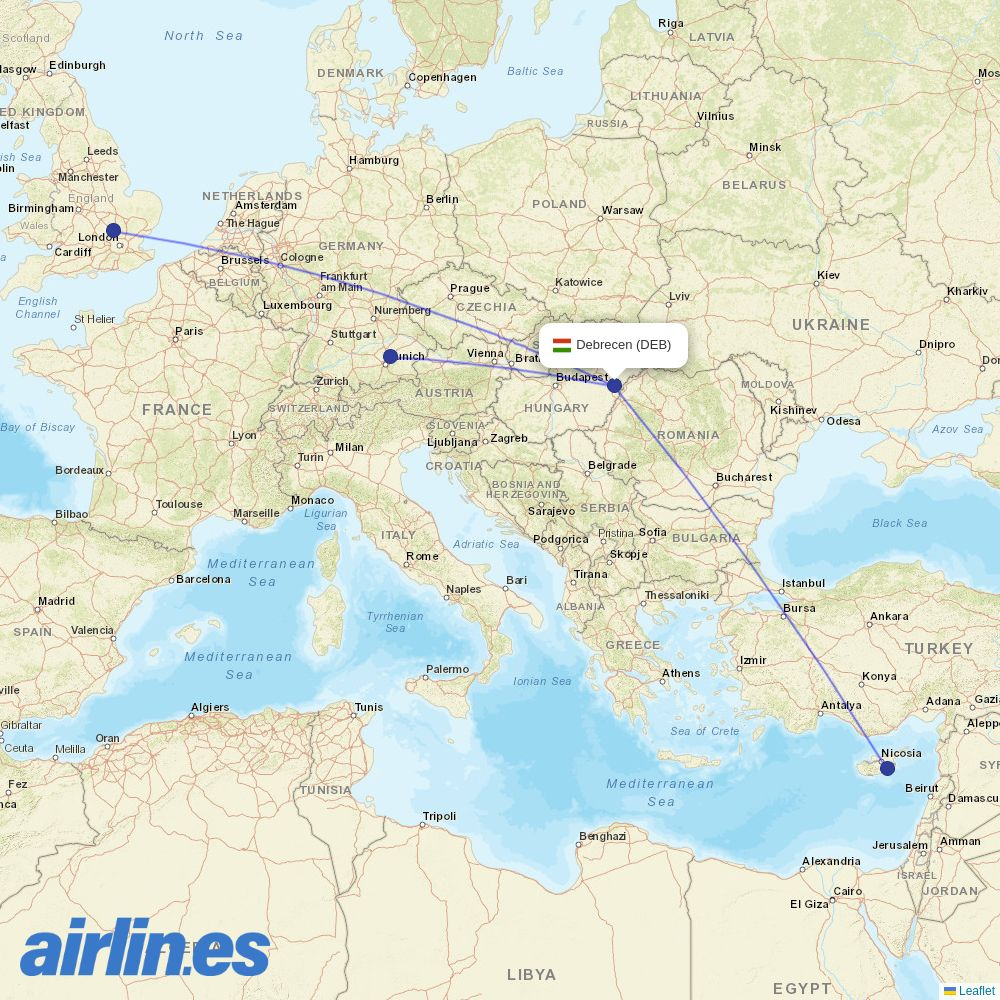 Wizz Air UK from Debrecen Airport destination map