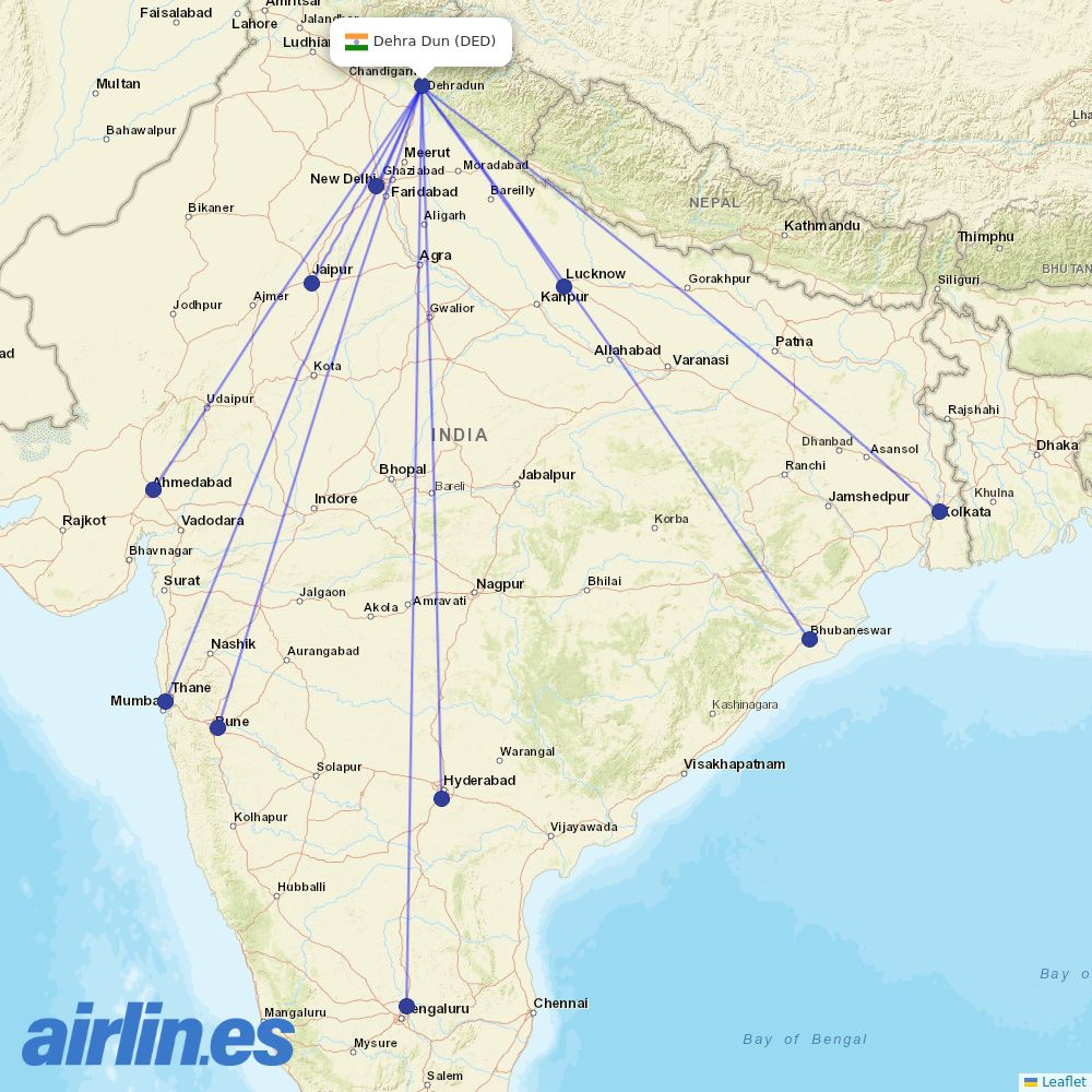 IndiGo from Dehradun destination map
