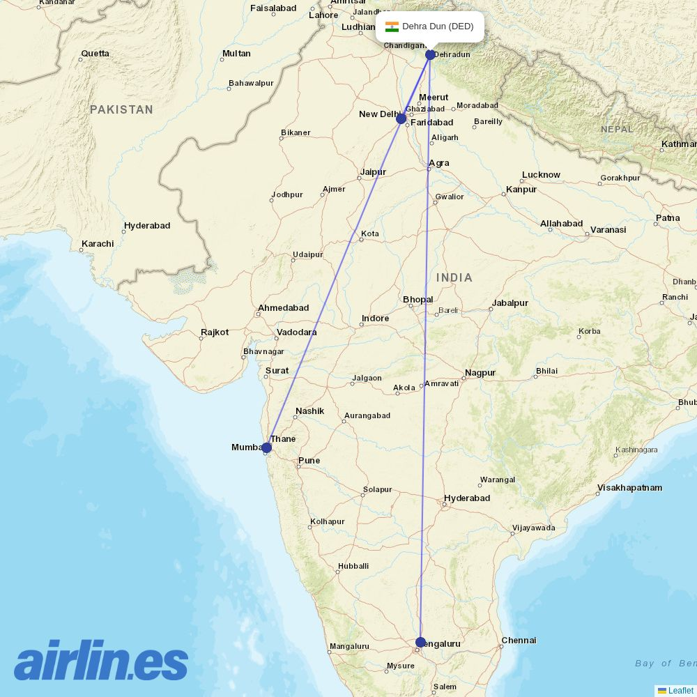 Air India from Dehradun destination map