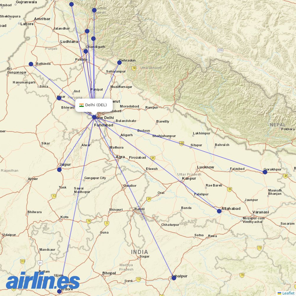 Alliance Air from Indira Gandhi International Airport destination map