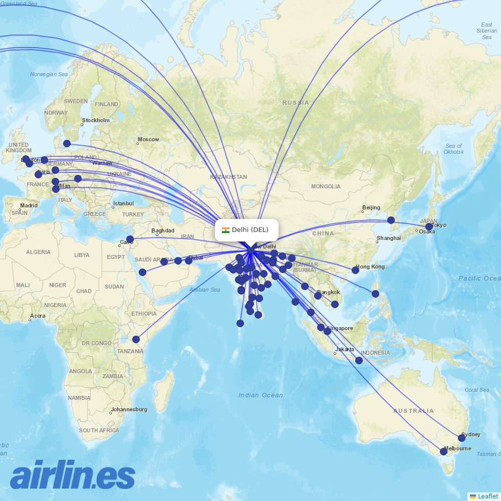 Air India from Indira Gandhi International Airport destination map