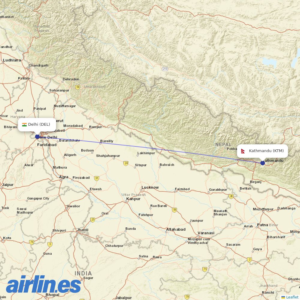 Bhutan Airlines at DEL route map