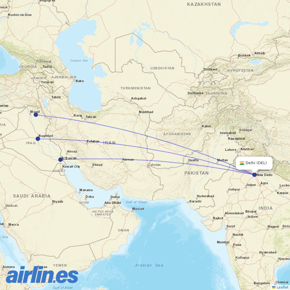 Iraqi Airways from Indira Gandhi International Airport destination map
