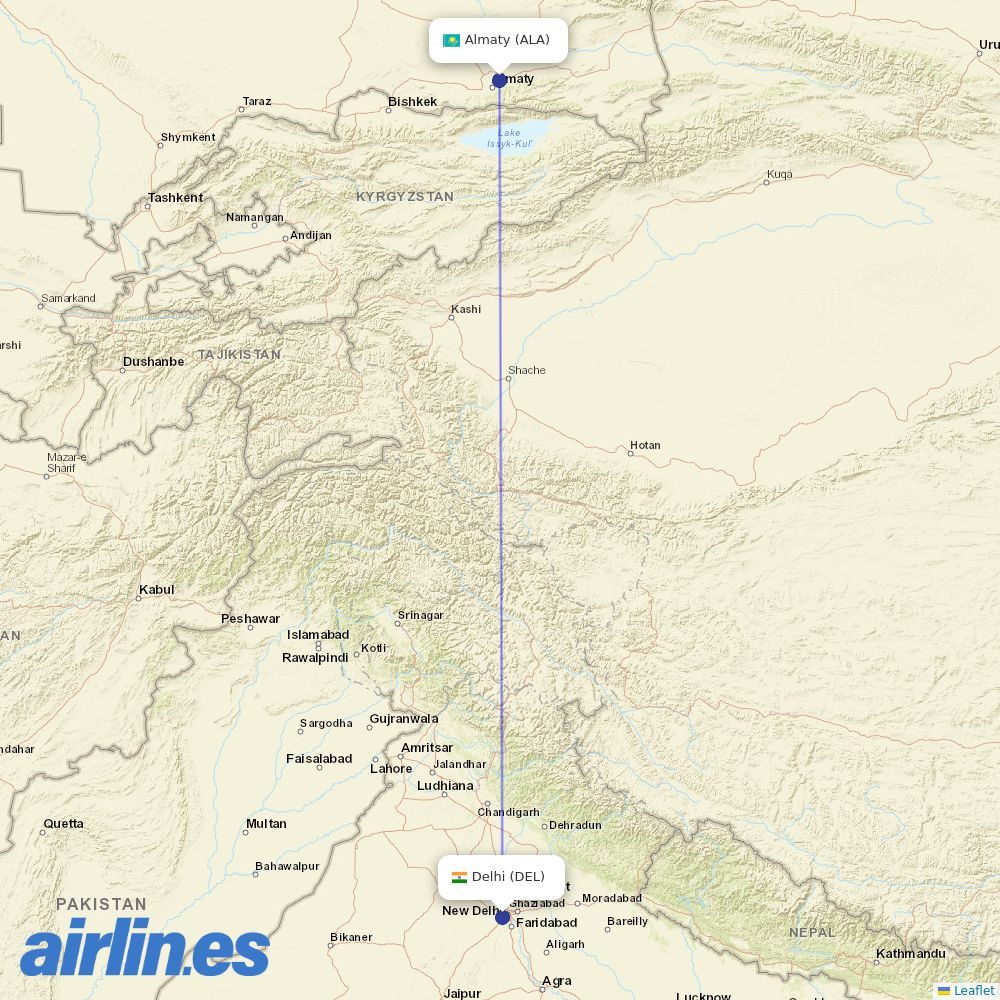 Air Astana from Indira Gandhi International Airport destination map