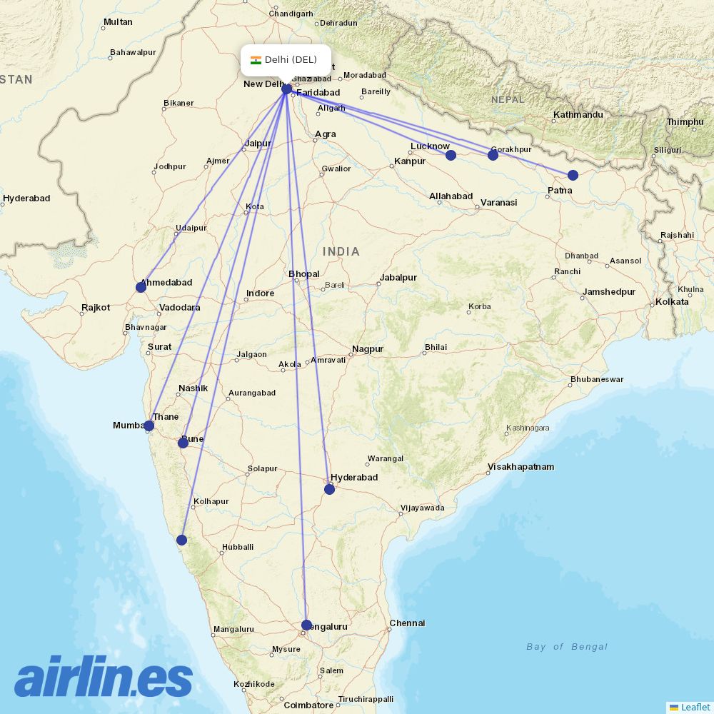 Akasa Air from Indira Gandhi International Airport destination map