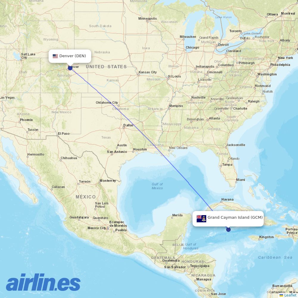 Cayman Airways from Denver International destination map