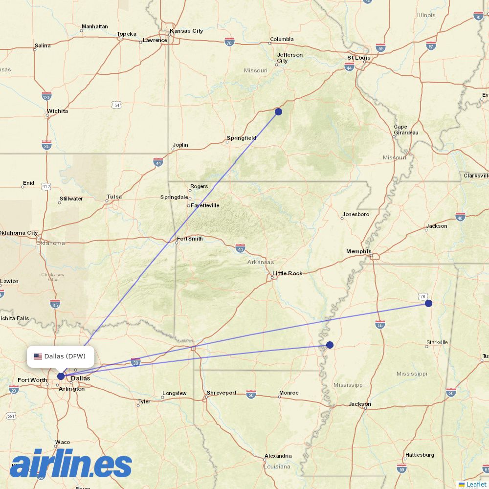 Contour Aviation from Dallas Fort Worth International destination map