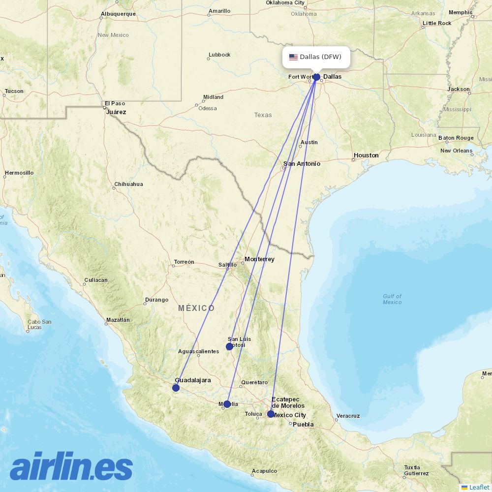 Volaris from Dallas Fort Worth International destination map