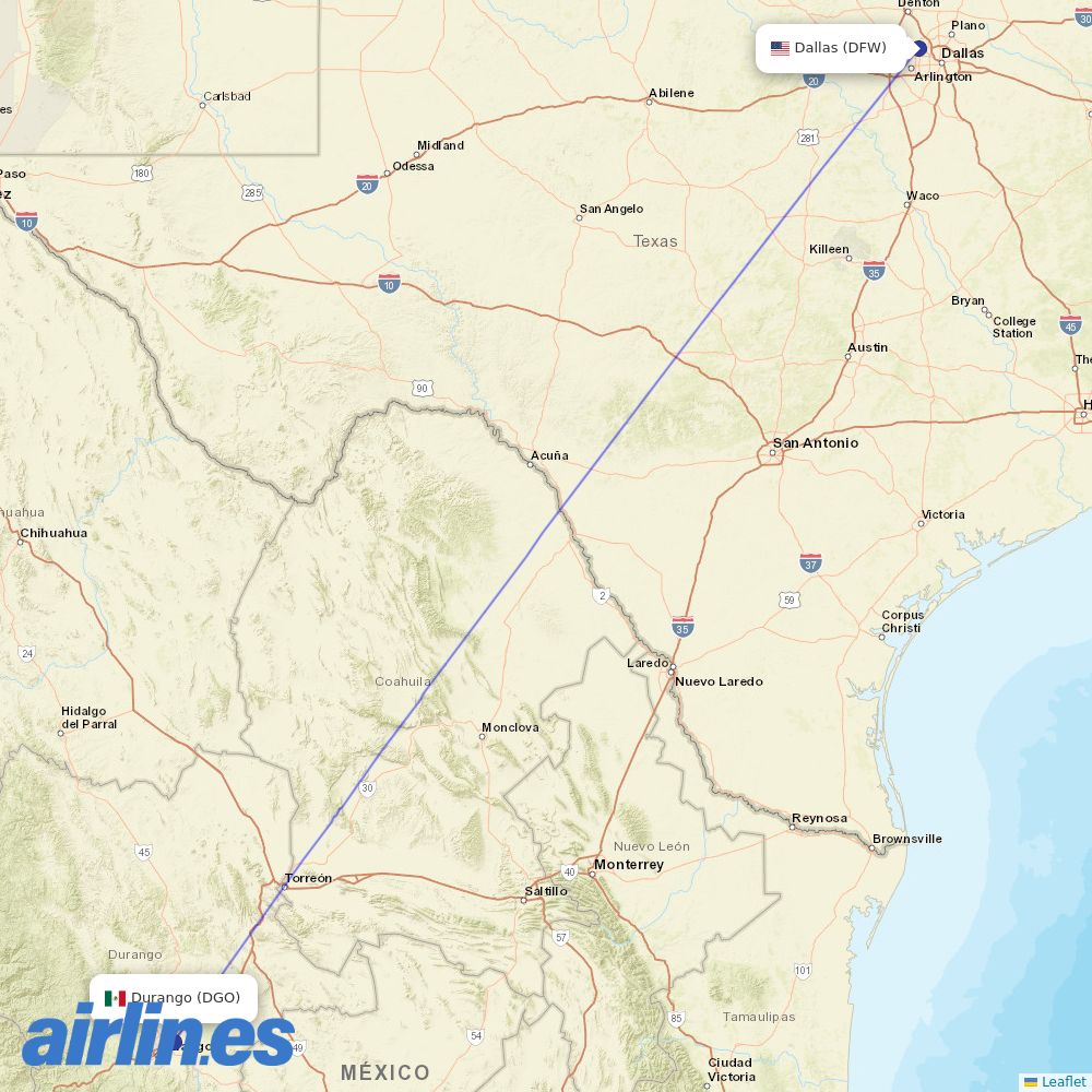 American Airlines from Durango International destination map