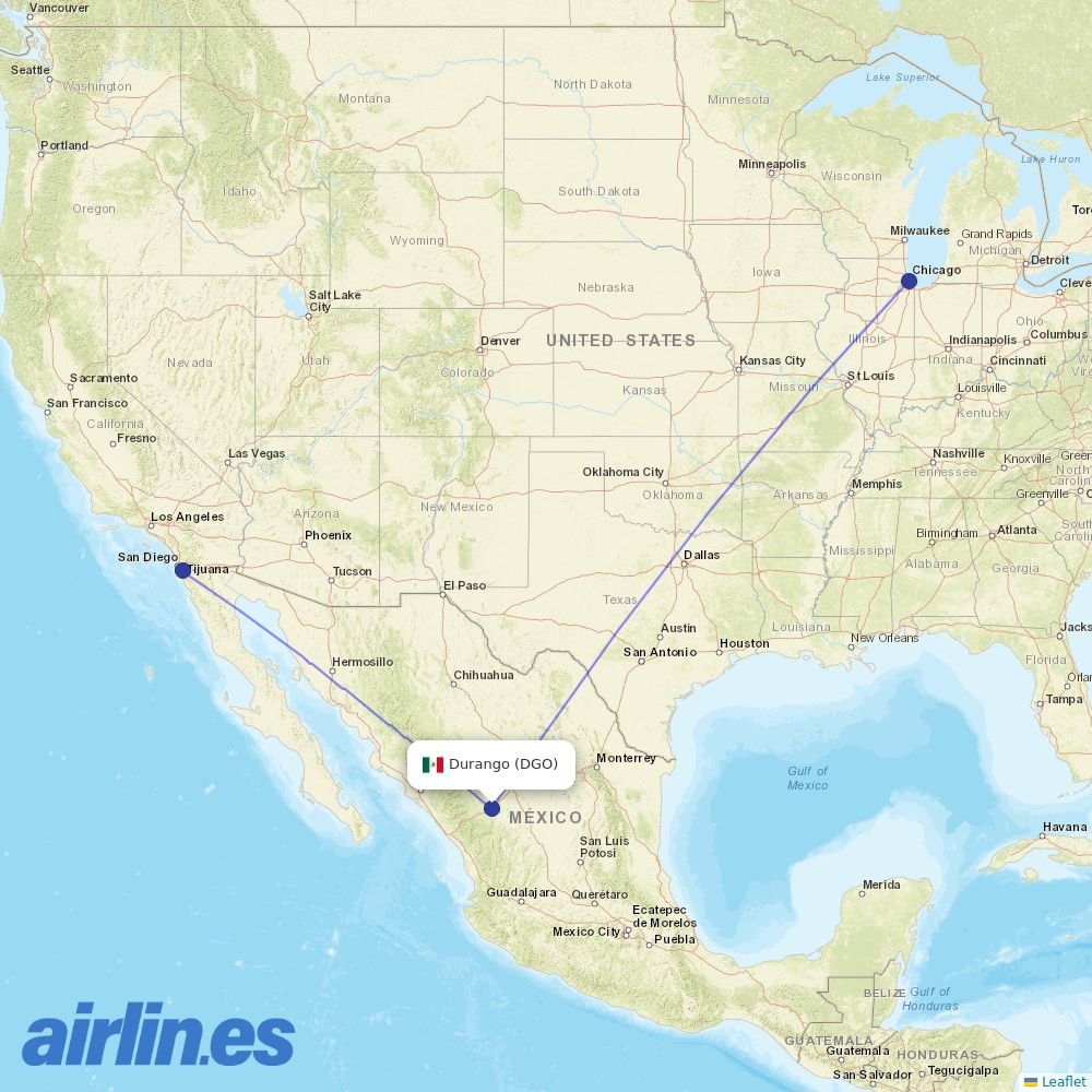 Volaris from Durango International destination map