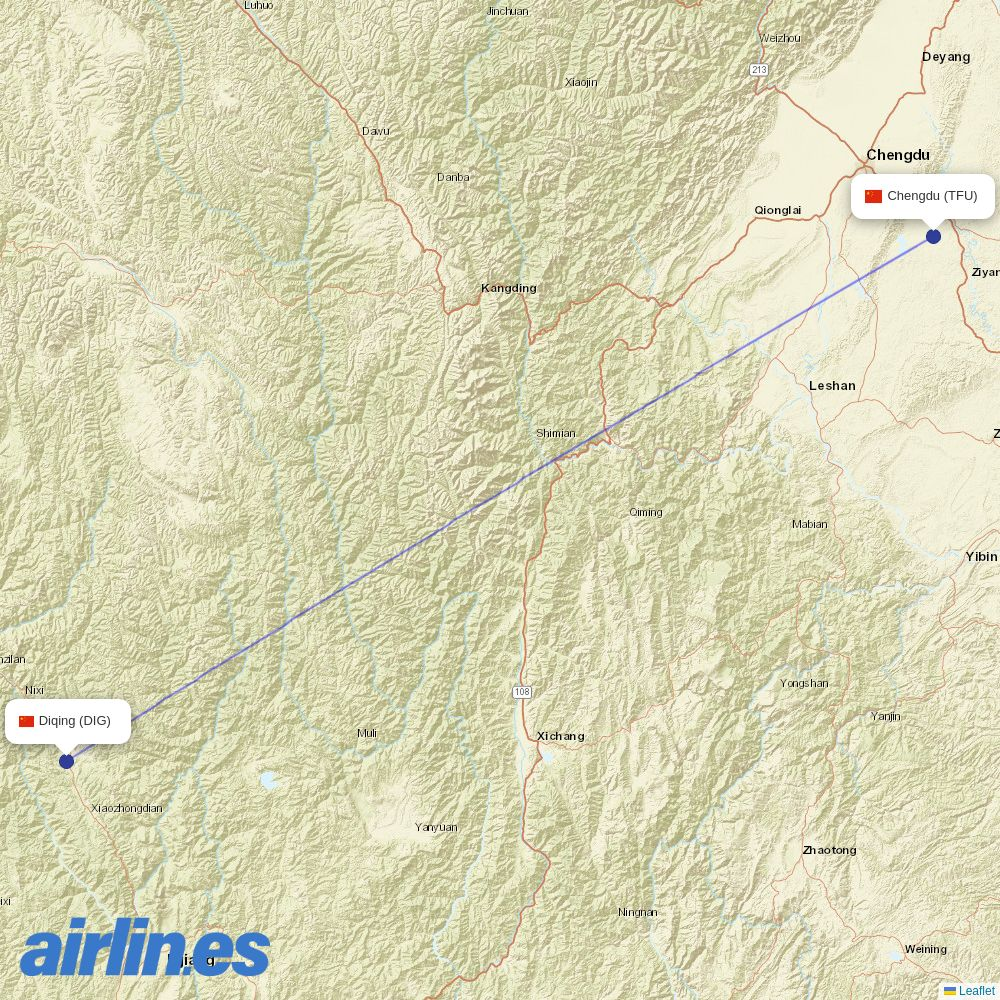 Sichuan Airlines from Diqing Shangri-La Airport destination map