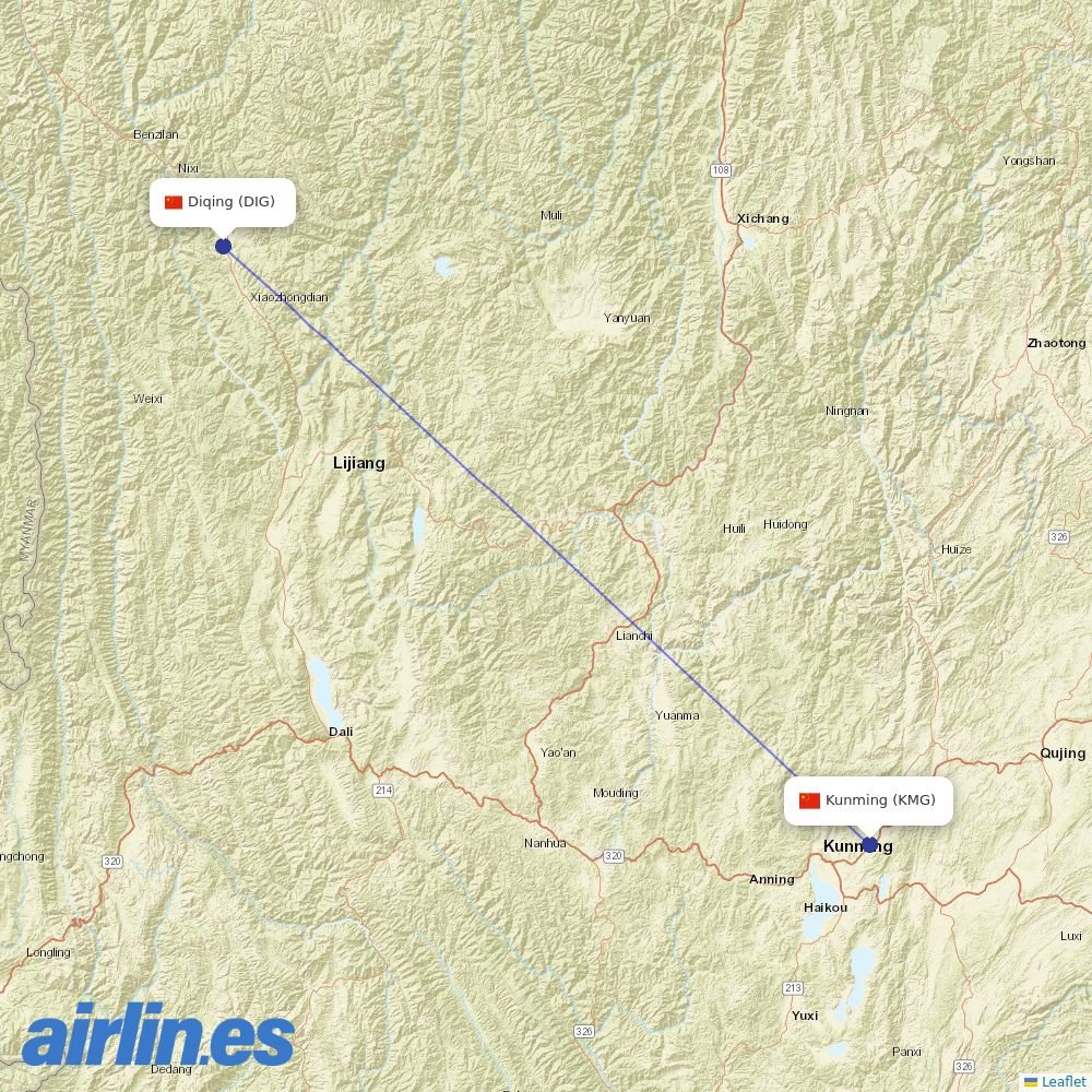 Lucky Air from Diqing Shangri-La Airport destination map