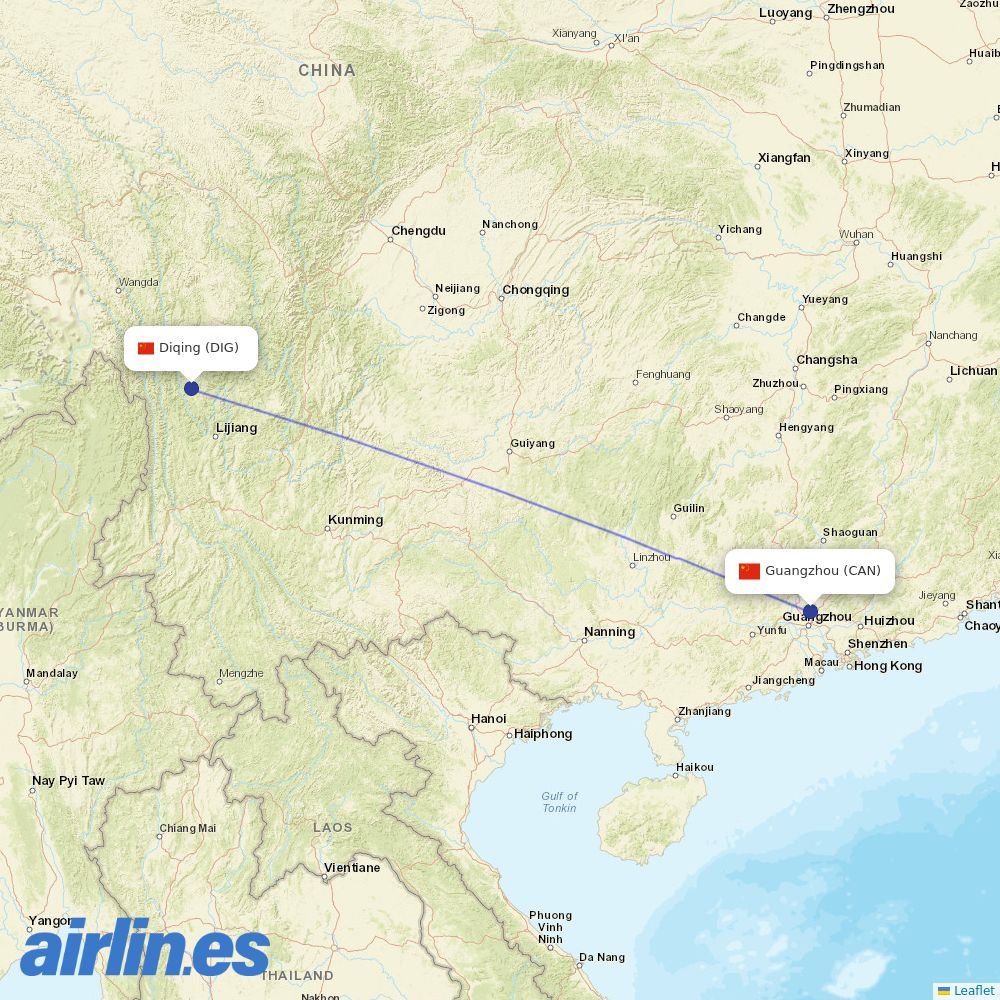 China Southern Airlines from Diqing Shangri-La Airport destination map