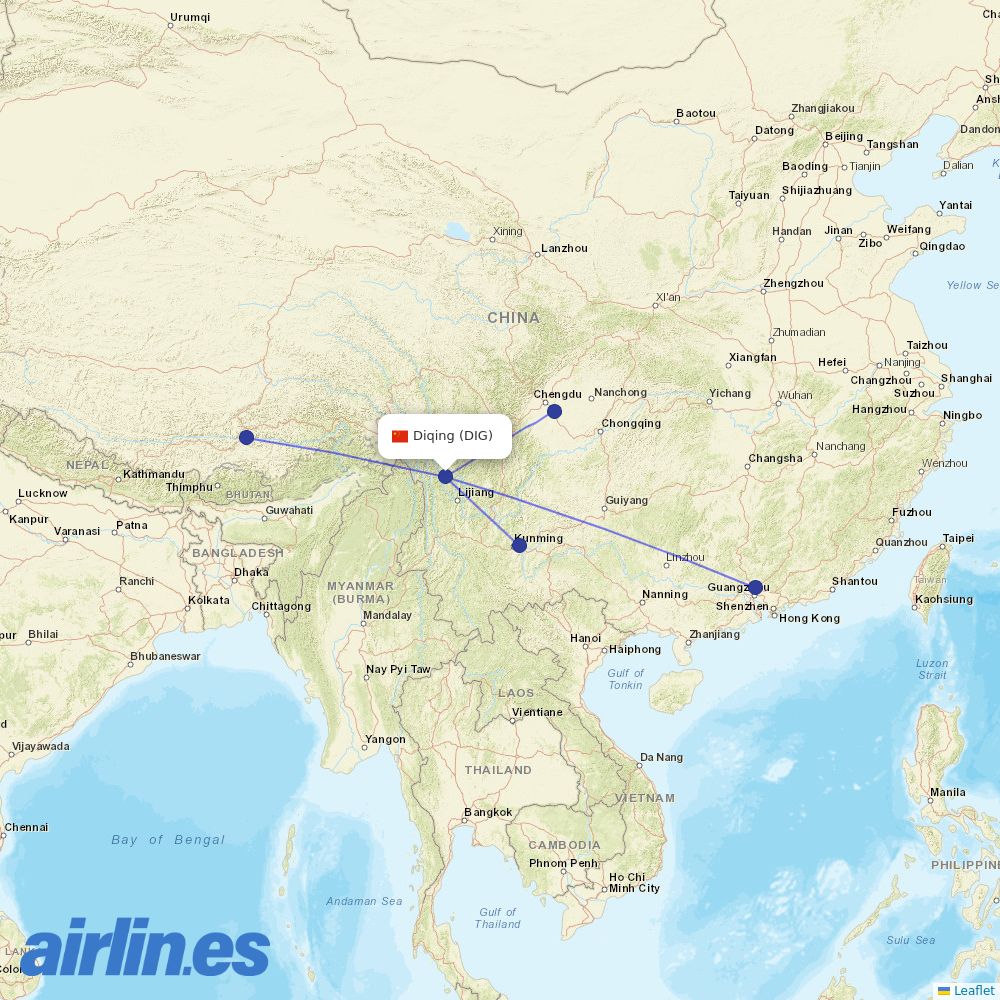 China Eastern Airlines from Diqing Shangri-La Airport destination map