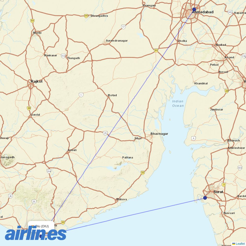 IndiGo from Diu Airport destination map