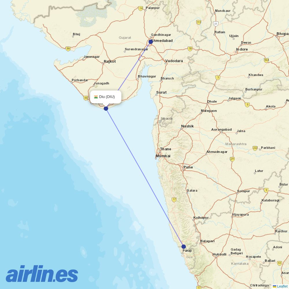 Star Air from Diu Airport destination map