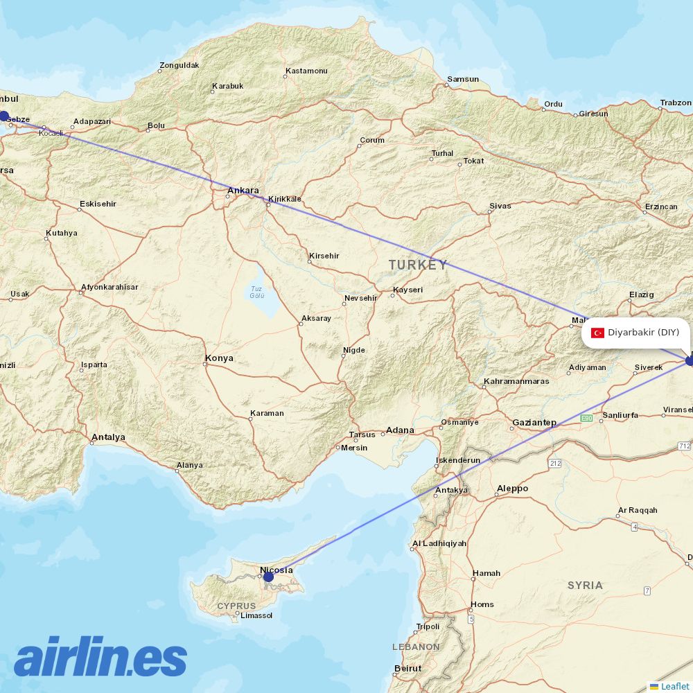 Pegasus from Diyarbakir destination map