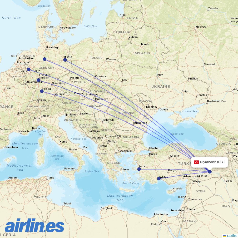 SunExpress from Diyarbakir destination map