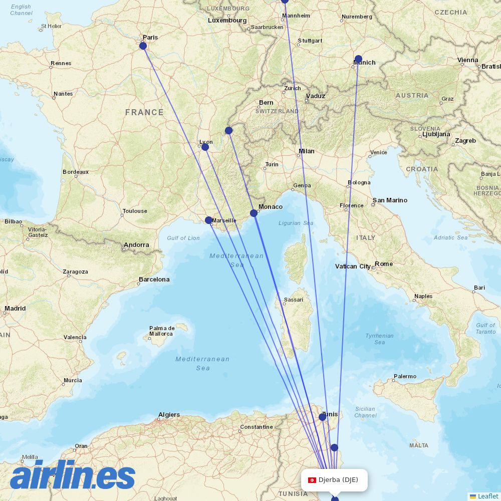 Tunisair at DJE route map