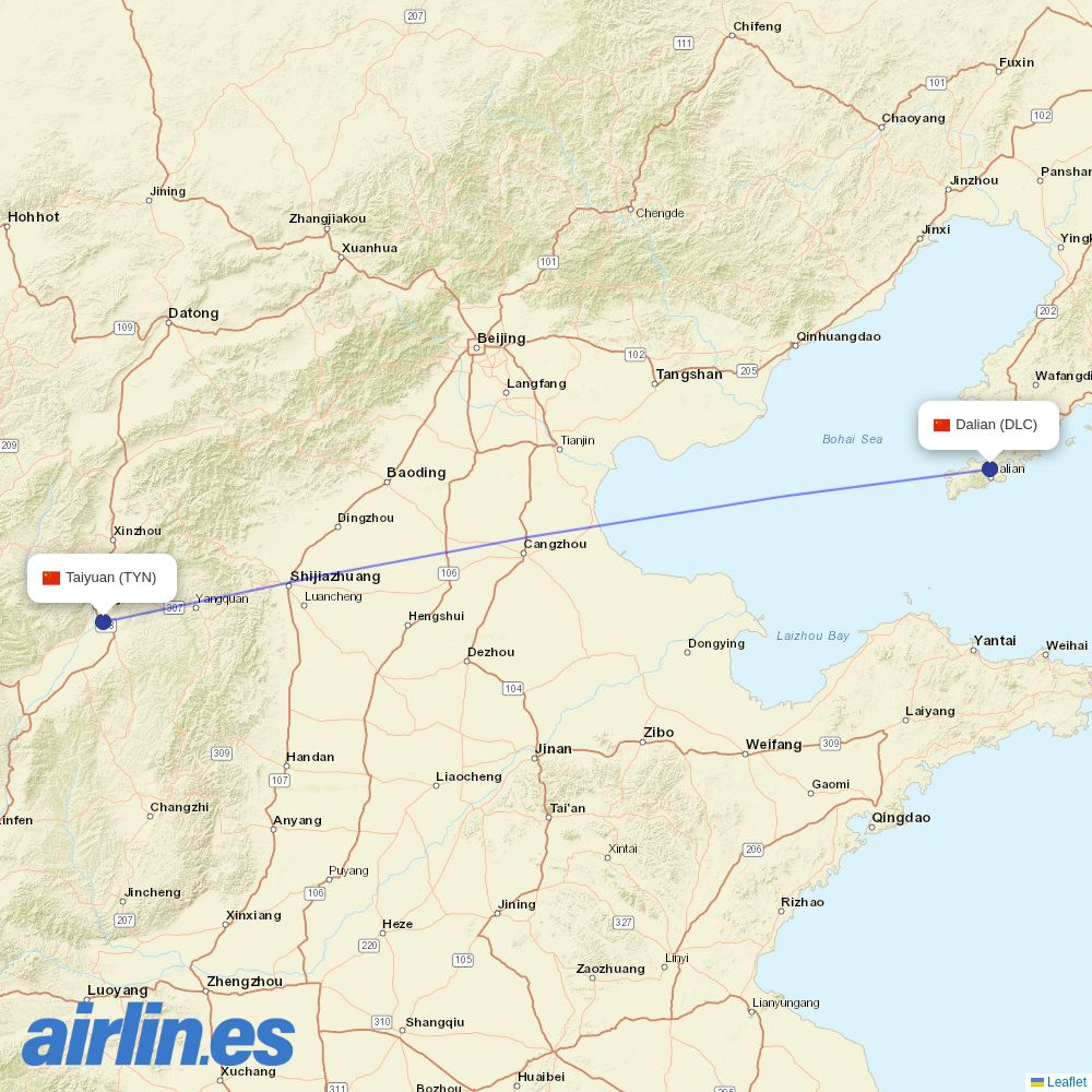Okay Airways from Dalian Zhoushuizi International Airport destination map