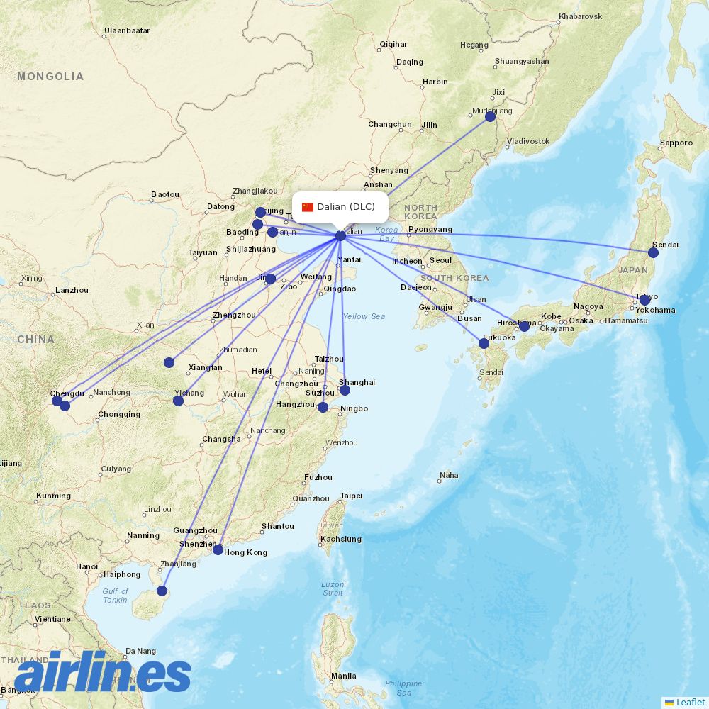 Air China from Dalian Zhoushuizi International Airport destination map
