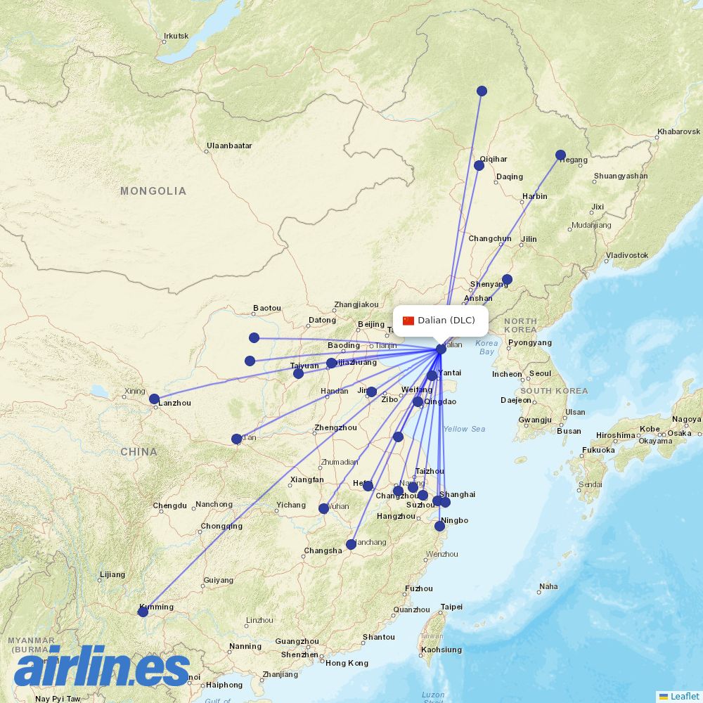 China Eastern Airlines from Dalian Zhoushuizi International Airport destination map