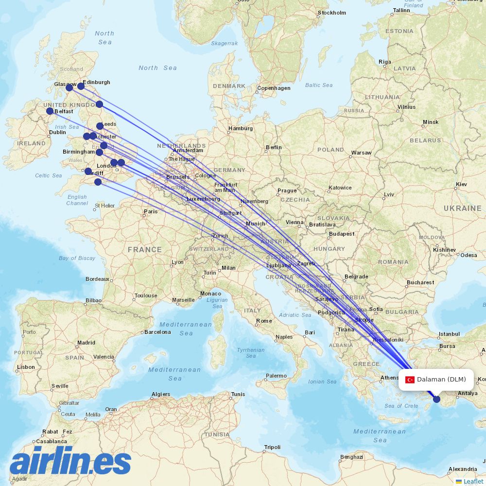 Jet2 from Dalaman destination map