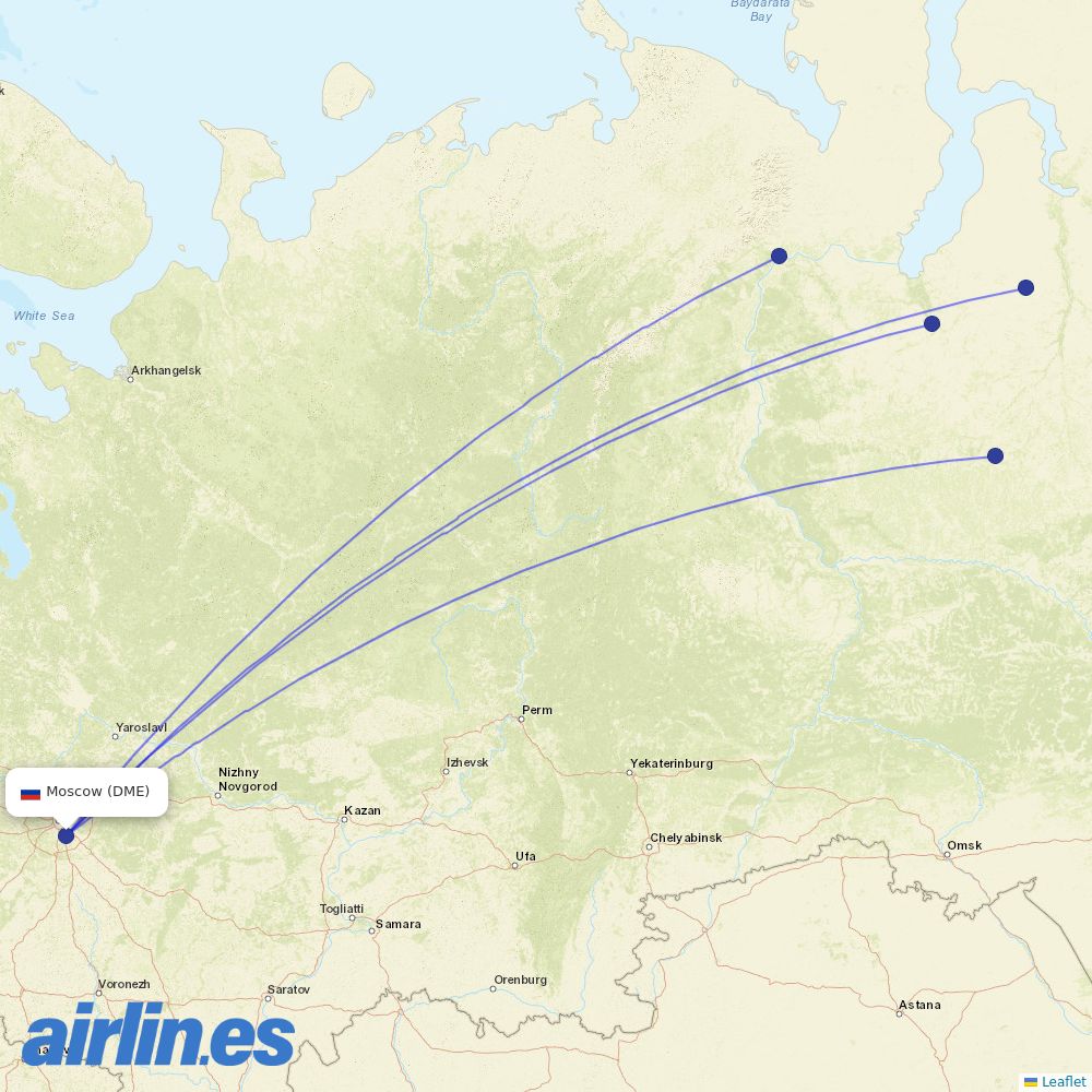 Yamal Airlines from Moscow Domodedovo Airport destination map