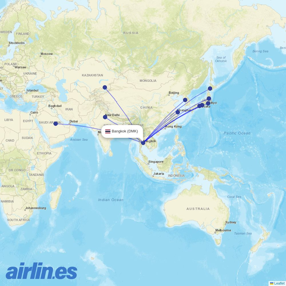 Thai AirAsia X from Don Mueang International Airport destination map