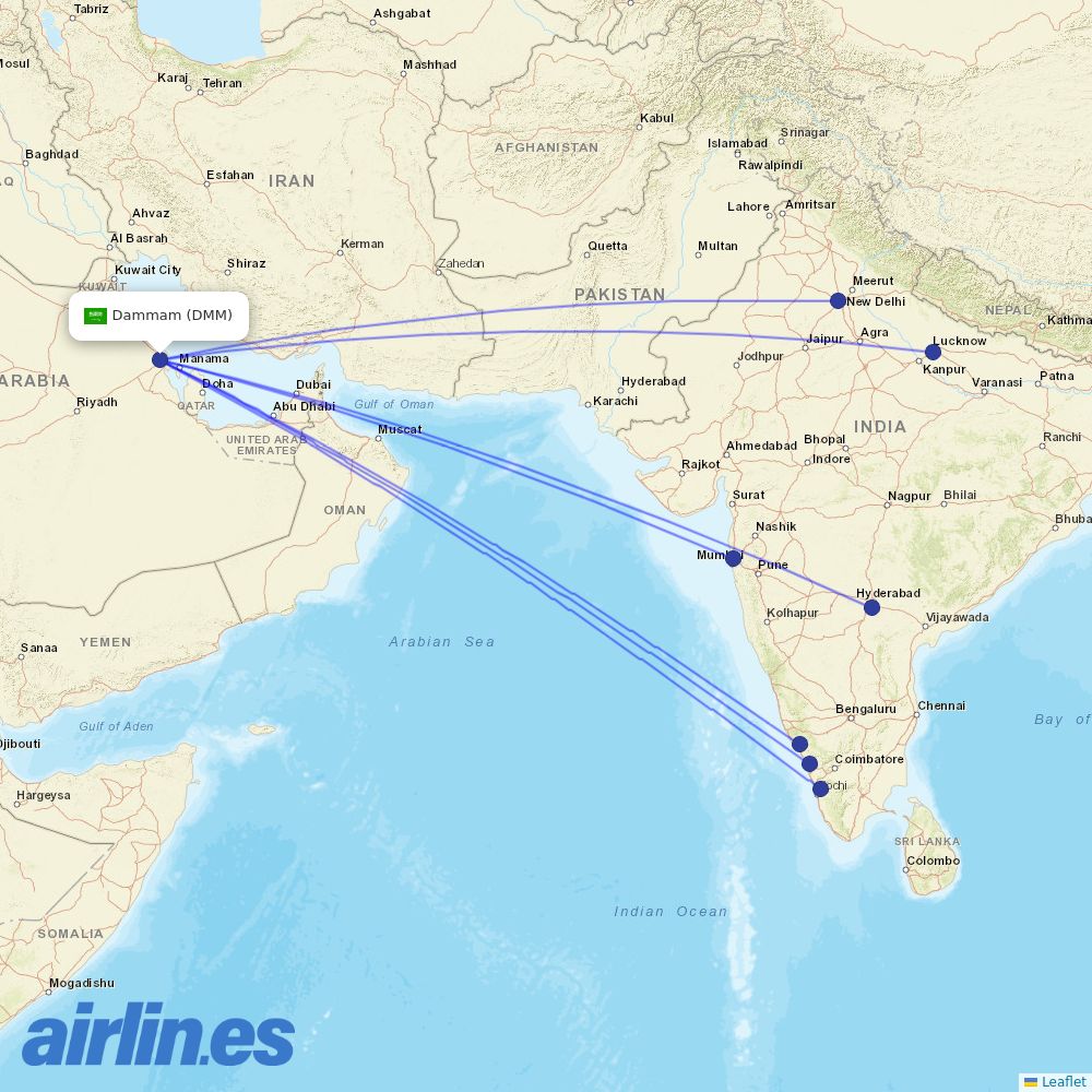 IndiGo from King Fahd International destination map