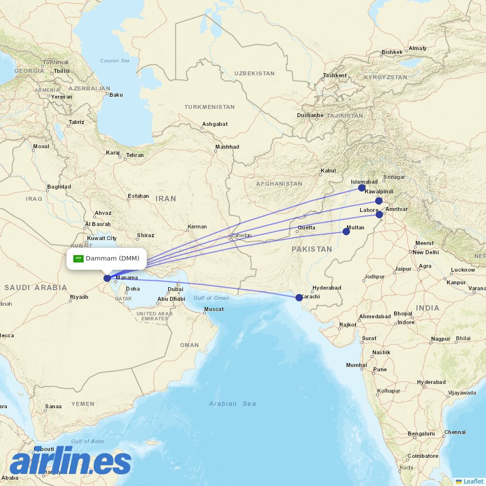 Pakistan International Airlines from King Fahd International destination map