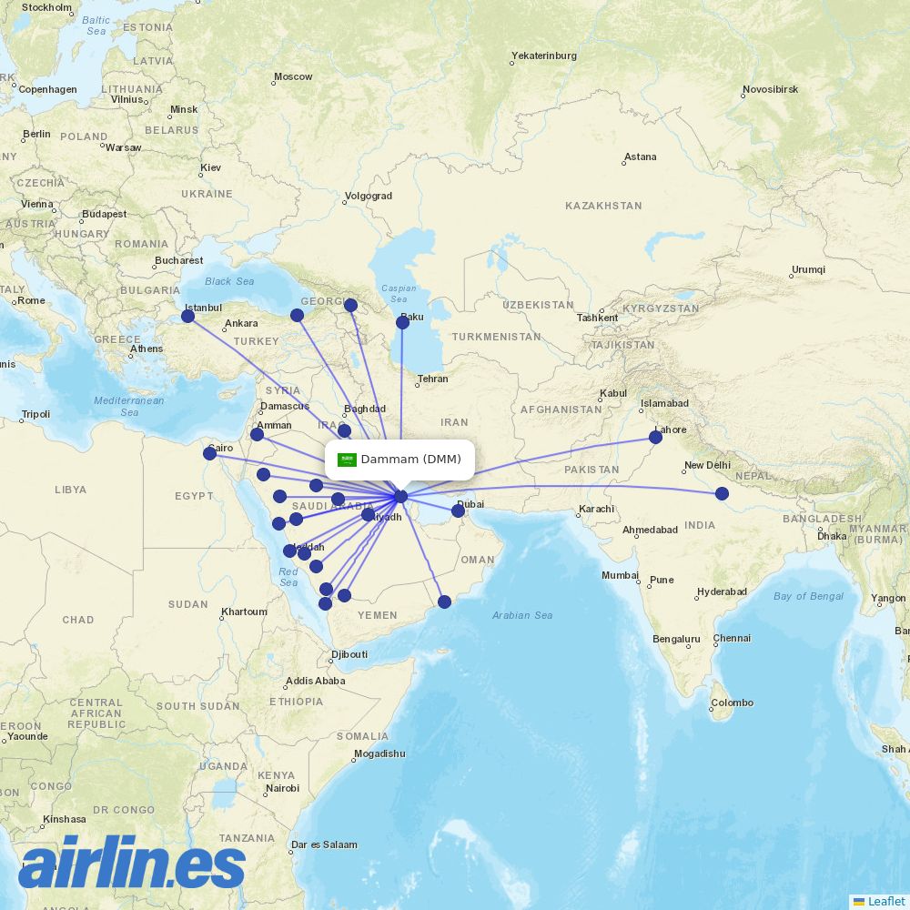 Flynas from King Fahd International destination map