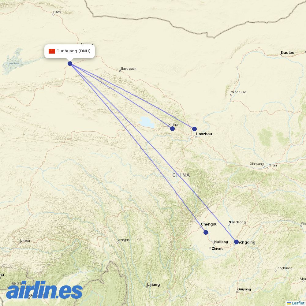Sichuan Airlines from Dunhuang Airport destination map
