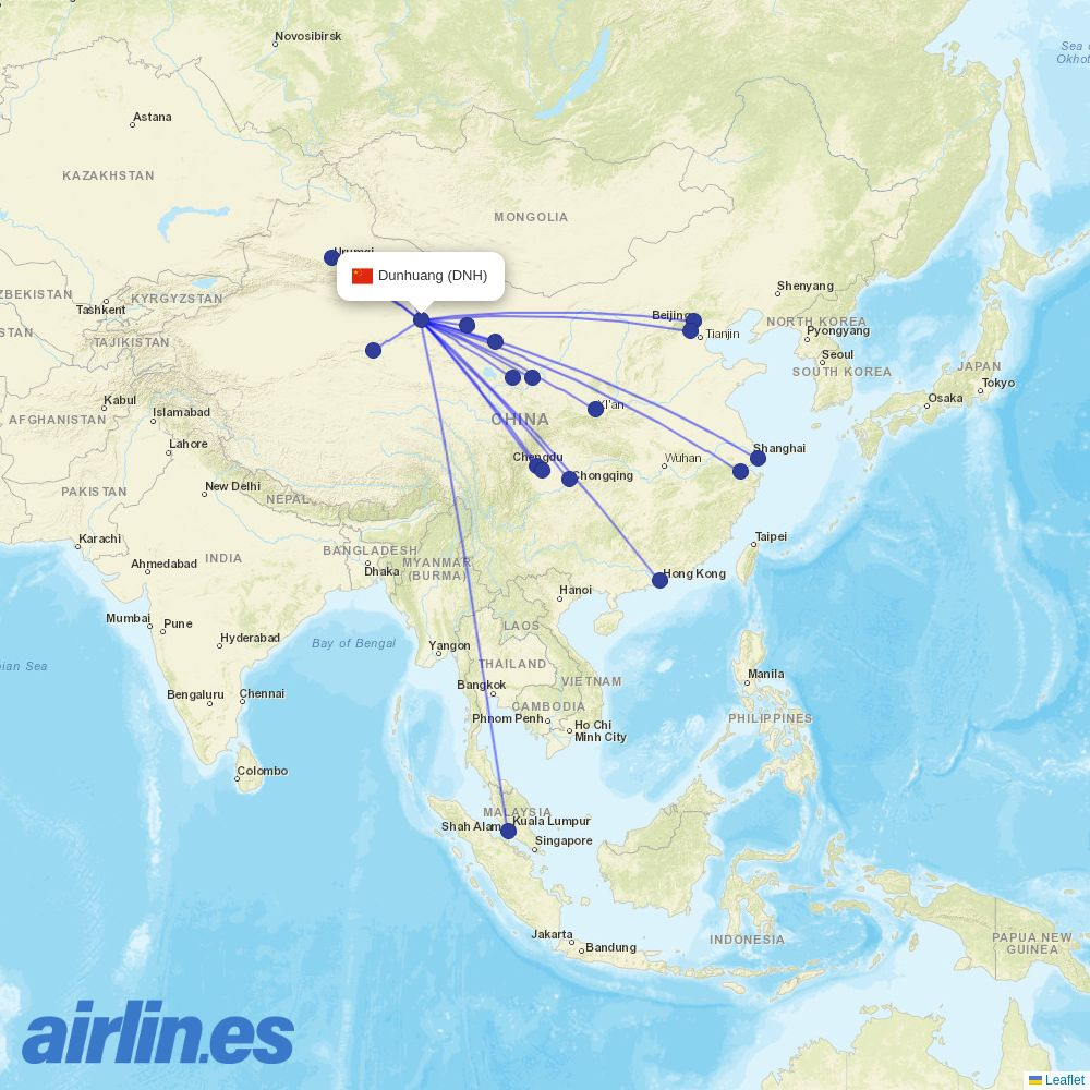 Tianjin Airlines from Dunhuang Airport destination map