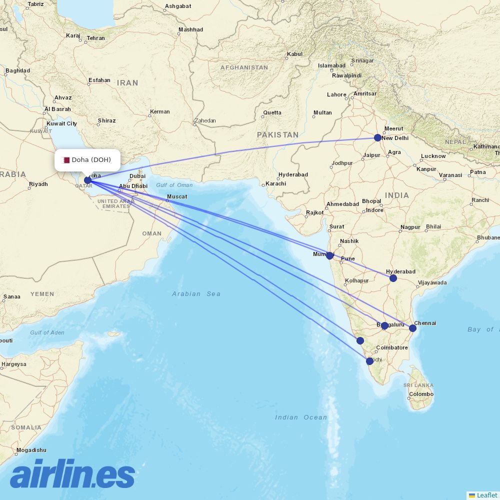 IndiGo from Hamad International Airport destination map