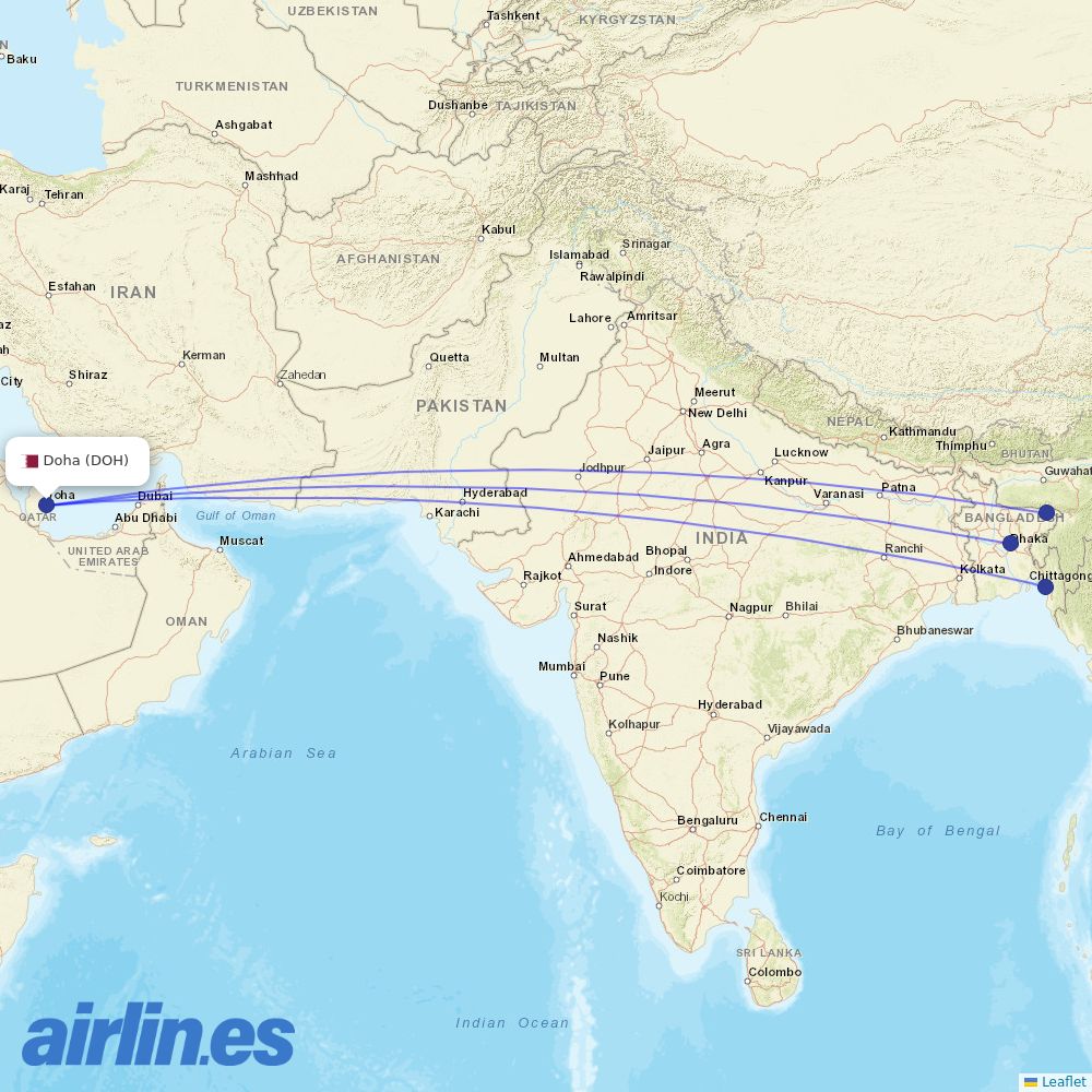 Biman Bangladesh Airlines from Hamad International Airport destination map