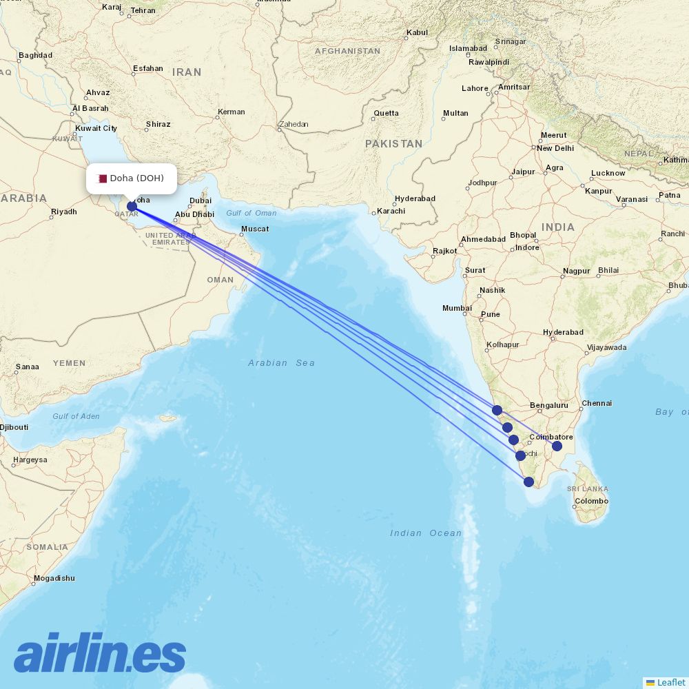 Air India Express from Hamad International Airport destination map