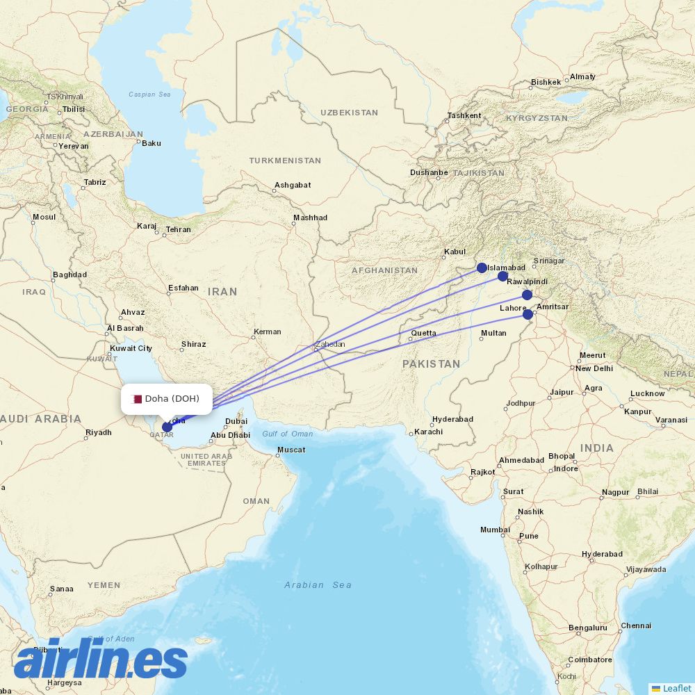 Pakistan International Airlines from Hamad International Airport destination map