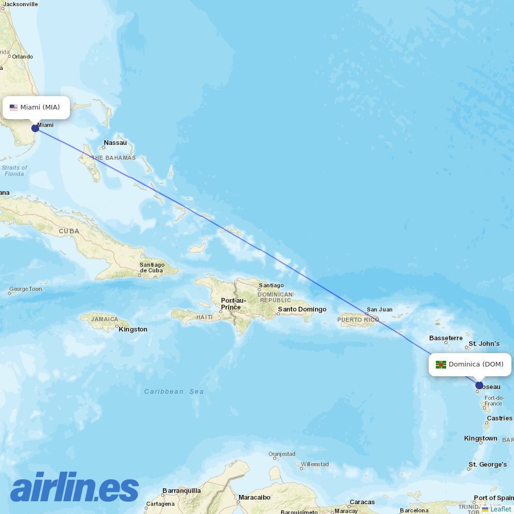 American Airlines from Dominica destination map